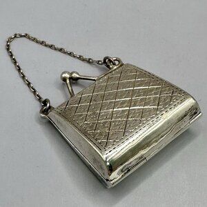 Miniature Purse Stamp Pill Box Crosshatch Engraved Sterling Silver Chatelaine